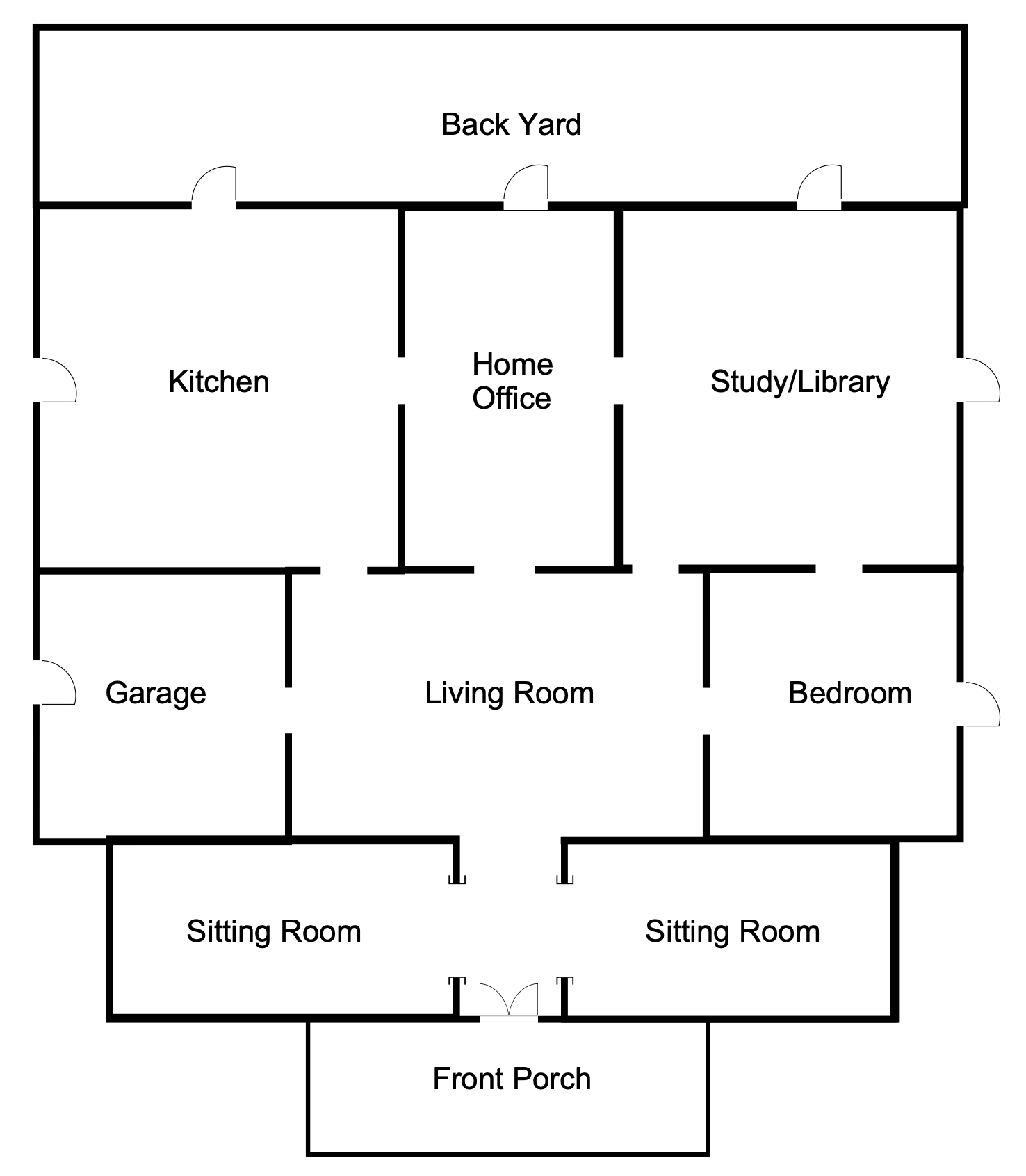 The Church House floor plan: nine labeled rooms including the front porch (evangelism), sitting room (fellowship), living room (worship) at the center, bedroom (prayer), kitchen (service and outreach), garage (operations), library and study (discipleship), back yard (high energy events), and home office (administration).